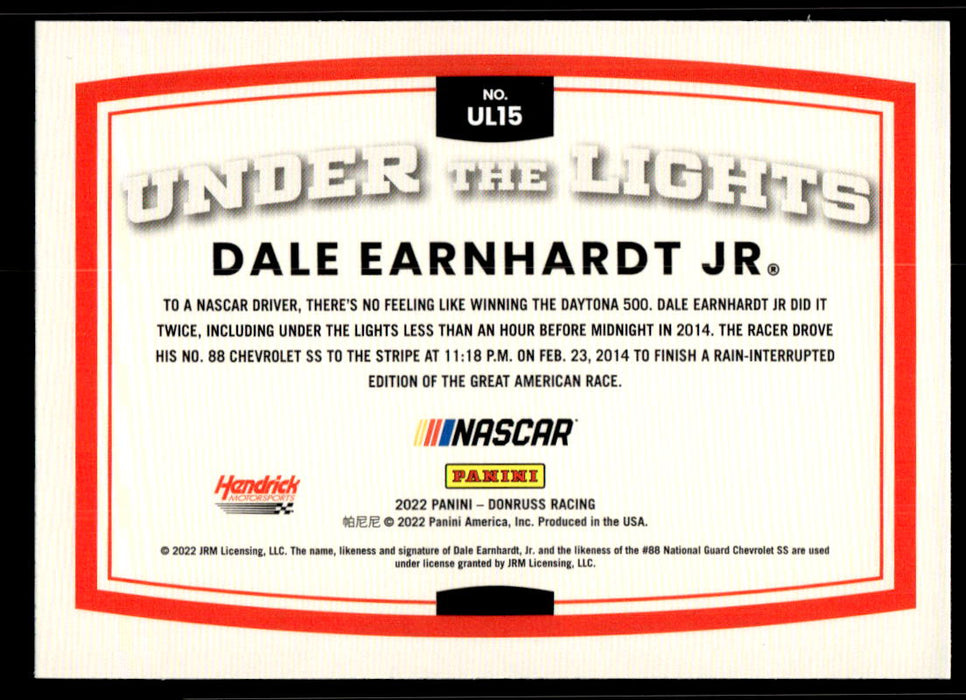 Dale Earnhardt Jr 2022 Panini Donruss Racing Under the Lights Back of Card