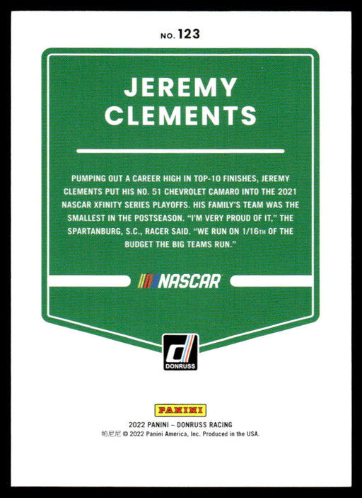 Jeremy Clements 2022 Panini Donruss Racing Red Back of Card