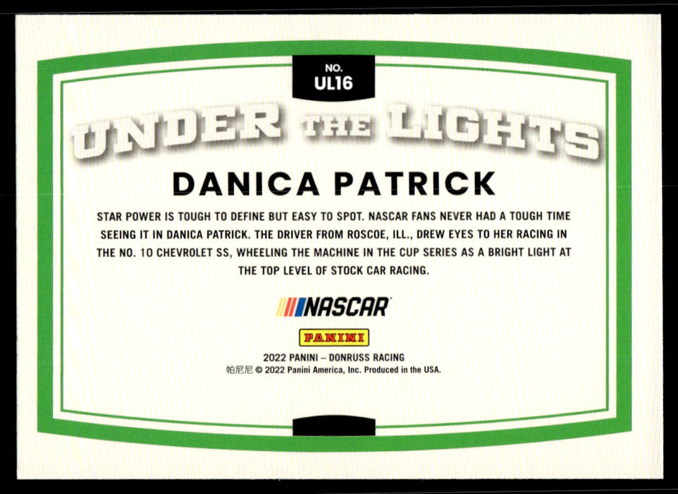 Danica Patrick 2022 Panini Donruss Racing Under the Lights Back of Card