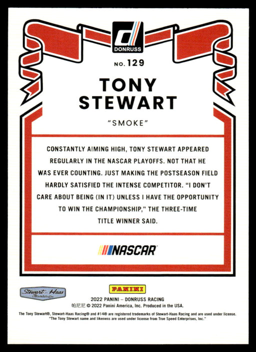 Tony Stewart 2022 Panini Donruss Racing Red Retro 1981 Back of Card