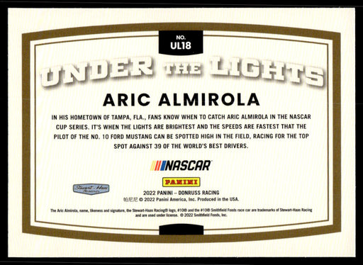 Aric Almirola 2022 Panini Donruss Racing Under the Lights Back of Card