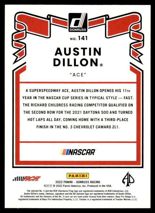 Austin Dillon 2022 Panini Donruss Racing Red Retro 1981 Back of Card