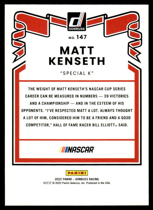 Matt Kenseth 2022 Panini Donruss Racing Red Retro 1981 Back of Card