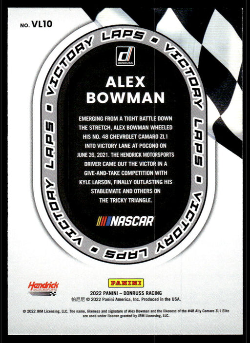 Alex Bowman 2022 Panini Donruss Racing Victory Laps Back of Card