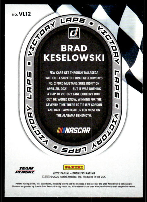 Brad Keselowski 2022 Panini Donruss Racing Victory Laps Back of Card