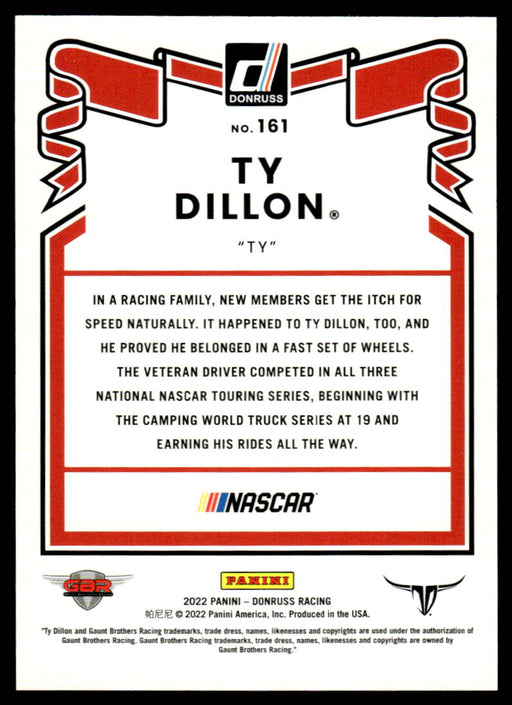 Ty Dillon 2022 Panini Donruss Racing Red Retro 1981 Back of Card