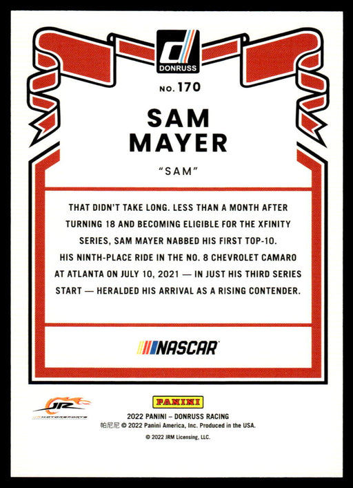 Sam Mayer 2022 Panini Donruss Racing Red Retro 1981 Back of Card