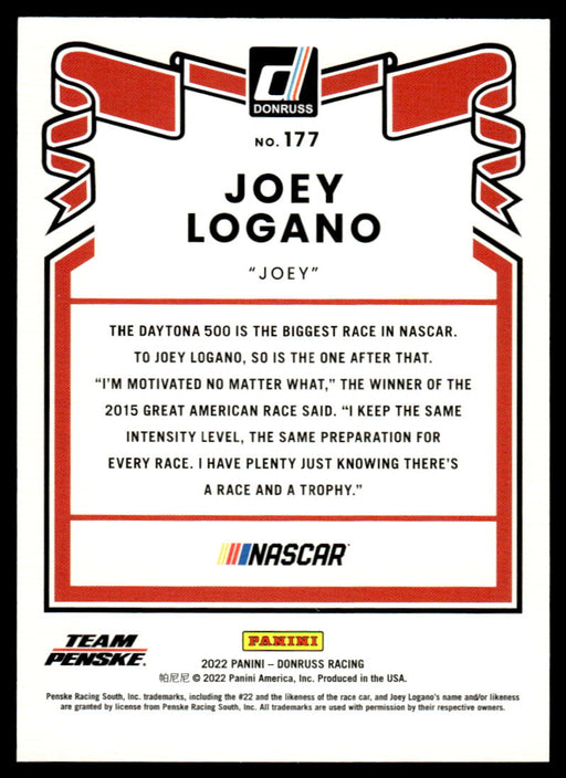 Joey Logano 2022 Panini Donruss Racing Red Retro 1981 Back of Card
