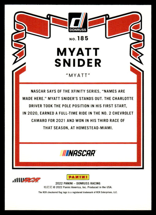 Myatt Snider 2022 Panini Donruss Racing Red Retro 1981 Back of Card