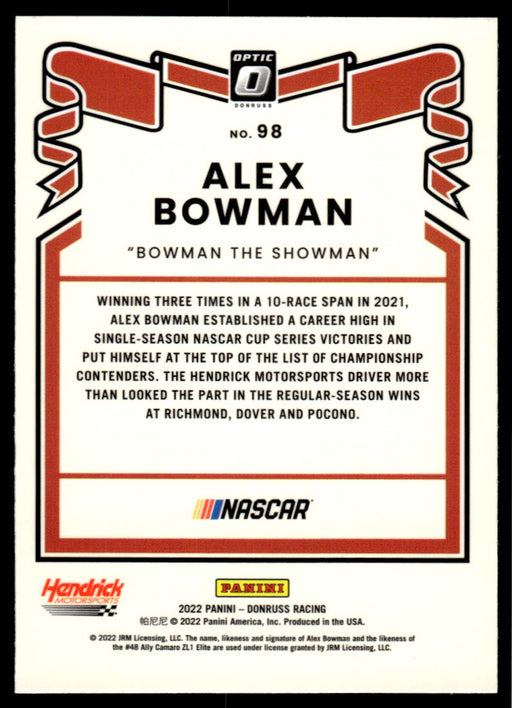 Alex Bowman 2022 Panini Donruss Racing Optic Retro 1981 Back of Card