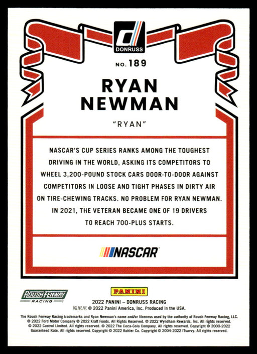 Ryan Newman 2022 Panini Donruss Racing Red Retro 1981 Back of Card