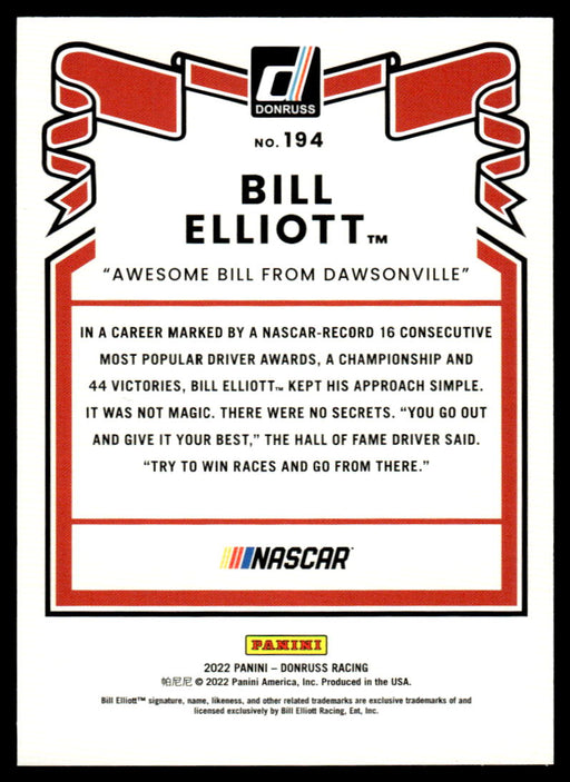 Bill Elliott 2022 Panini Donruss Racing Red Retro 1981 Back of Card