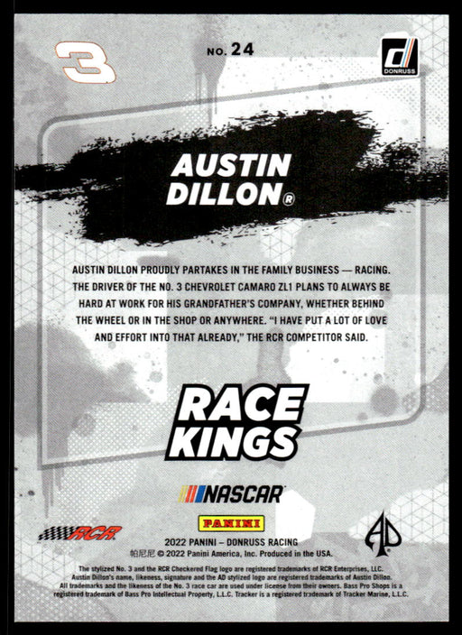 Austin Dillon 2022 Panini Donruss Racing Blue Race Kings Back of Card