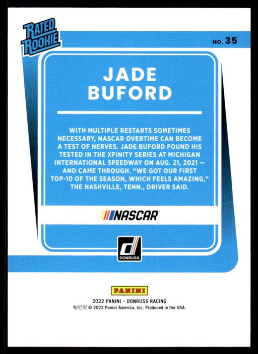 Jade Buford 2022 Panini Donruss Racing Blue Rated Rookie Back of Card
