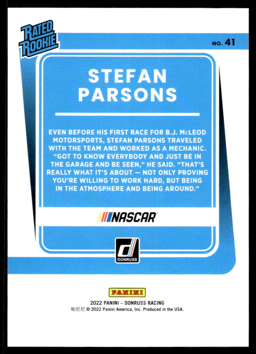 Stefan Parsons 2022 Panini Donruss Racing Blue Rated Rookie Back of Card