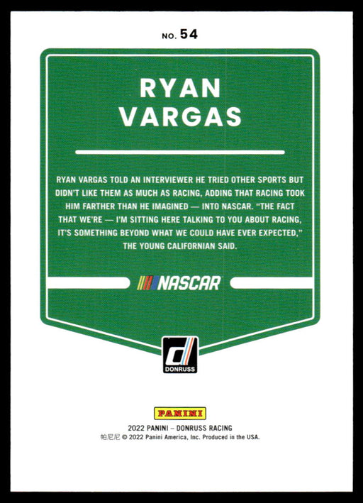 Ryan Vargas 2022 Panini Donruss Racing Blue Back of Card