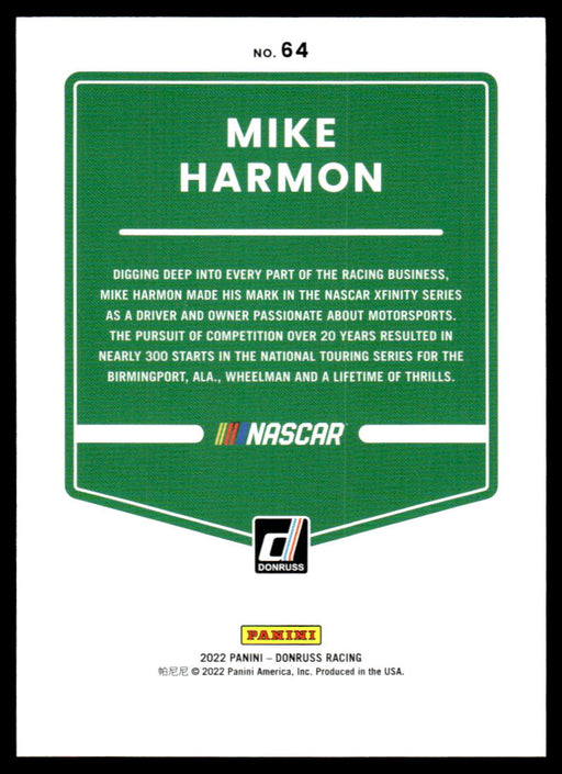 Mike Harmon 2022 Panini Donruss Racing Blue Back of Card