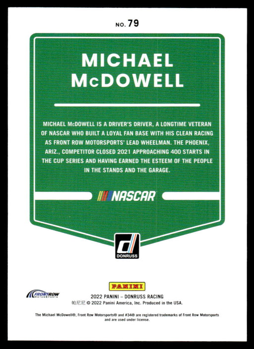 Michael McDowell 2022 Panini Donruss Racing Blue Back of Card