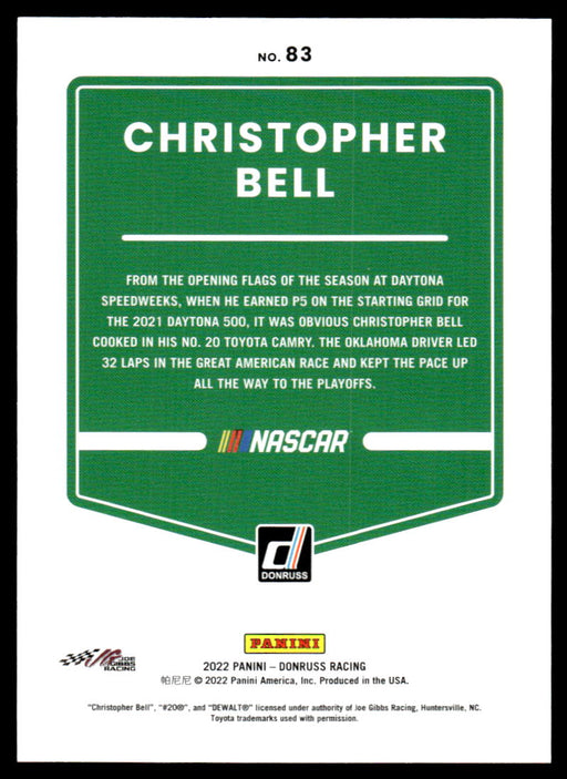 Christopher Bell 2022 Panini Donruss Racing Blue Back of Card