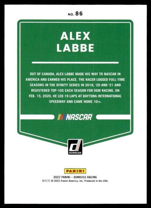 Alex Labbe 2022 Panini Donruss Racing Blue Back of Card