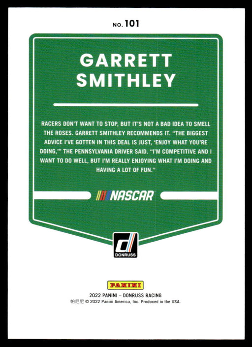 Garrett Smithley 2022 Panini Donruss Racing Blue Back of Card