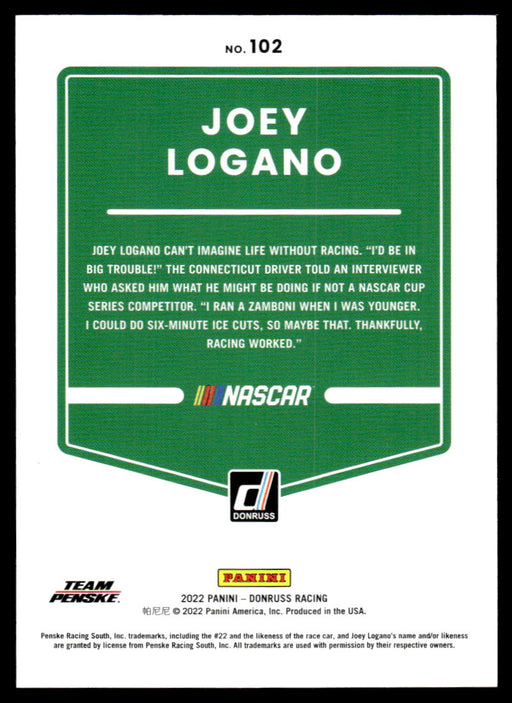 Joey Logano 2022 Panini Donruss Racing Blue Back of Card