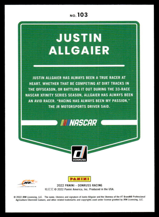 Justin Allgaier 2022 Panini Donruss Racing Blue Back of Card