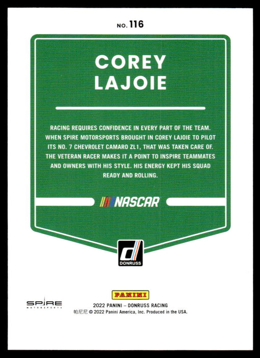Corey Lajoie 2022 Panini Donruss Racing Blue Back of Card