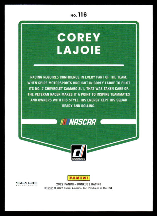 Corey Lajoie 2022 Panini Donruss Racing Blue Back of Card