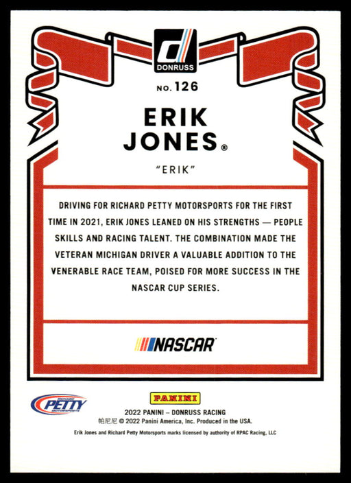 Erik Jones 2022 Panini Donruss Racing Blue Retro 1981 Back of Card