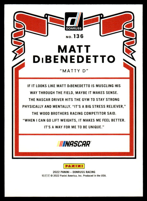 Matt DiBenedetto 2022 Panini Donruss Racing Blue Retro 1981 Back of Card
