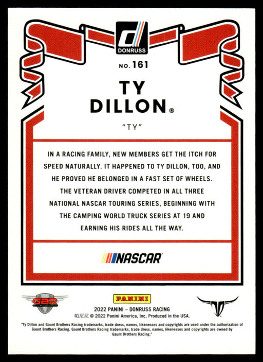 Ty Dillon 2022 Panini Donruss Racing Blue Retro 1981 Back of Card