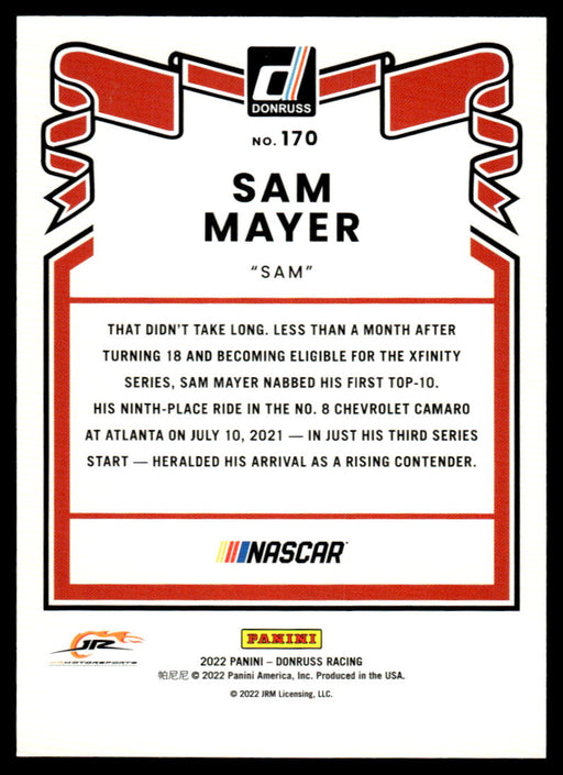 Sam Mayer 2022 Panini Donruss Racing Blue Retro 1981 Back of Card