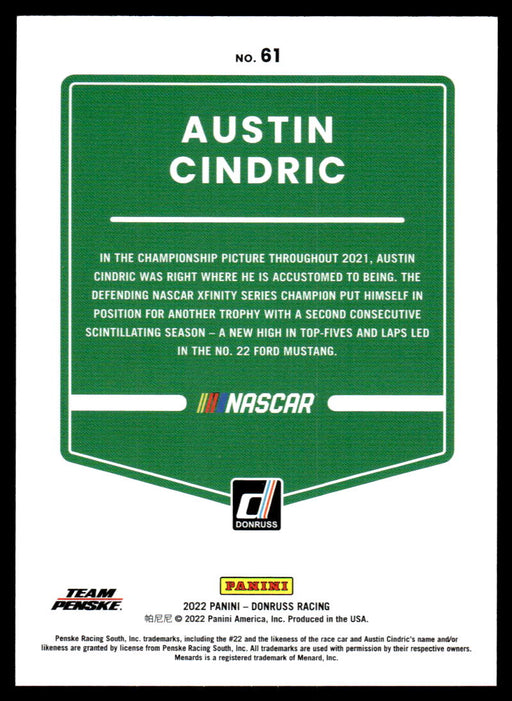 Austin Cindric 2022 Panini Donruss Racing Green Back of Card