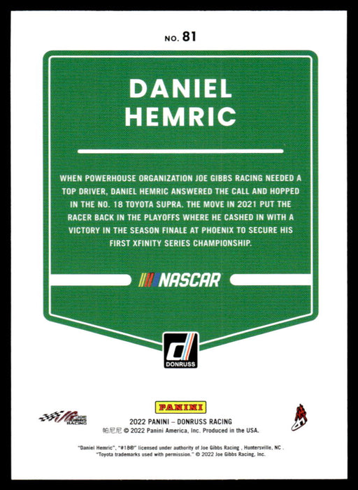 Daniel Hemric 2022 Panini Donruss Racing Green Back of Card