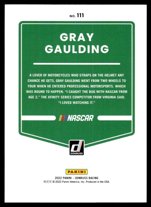 Gray Gaulding 2022 Panini Donruss Racing Green Back of Card