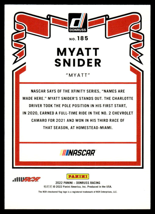 Myatt Snider 2022 Panini Donruss Racing Green Retro 1981 Back of Card