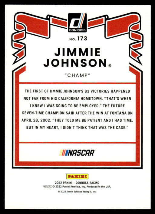 Jimmie Johnson 2022 Panini Donruss Racing Purple Retro 1981 Back of Card