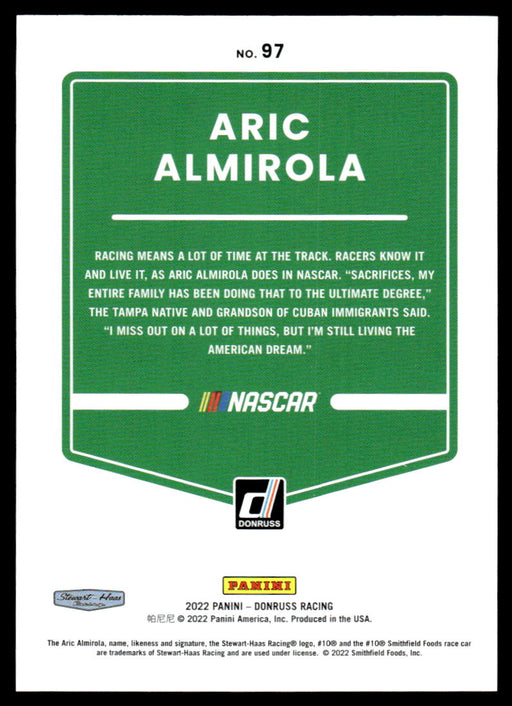 Aric Almirola 2022 Panini Donruss Racing Pink Back of Card