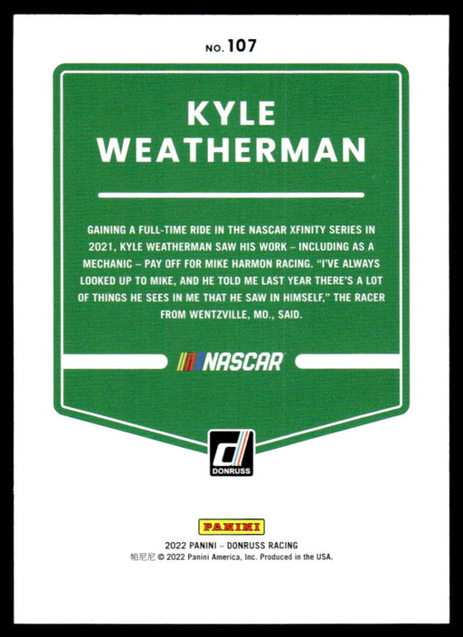 Kyle Weatherman 2022 Panini Donruss Racing Pink Back of Card