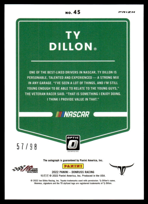 Ty Dillon 2022 Panini Donruss Racing Back of Card