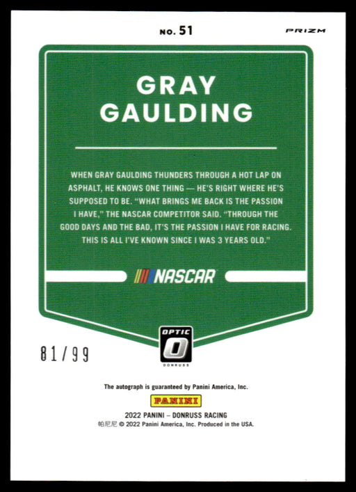 Gray Gaulding 2022 Panini Donruss Racing Back of Card