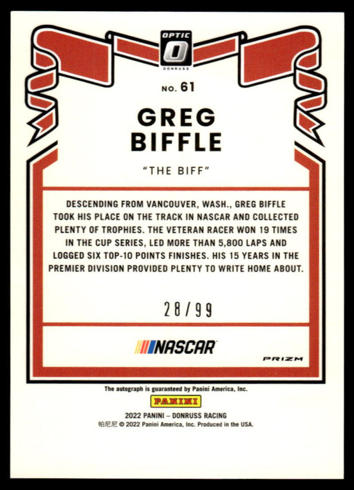 Greg Biffle 2022 Panini Donruss Racing Back of Card