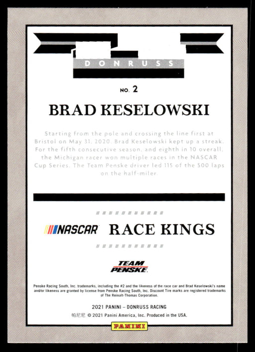 Brad Keselowski 2021 Panini Donruss Racing Base Back of Card