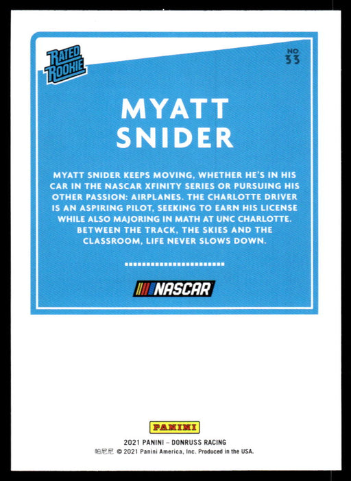 Myatt Snider 2021 Panini Donruss Racing Silver Back of Card