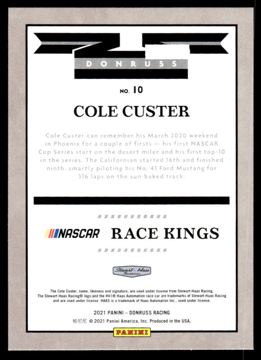 Cole Custer 2021 Panini Donruss Racing Base Back of Card