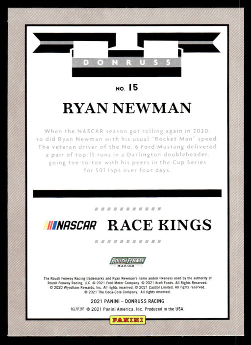 Ryan Newman 2021 Panini Donruss Racing Base Back of Card