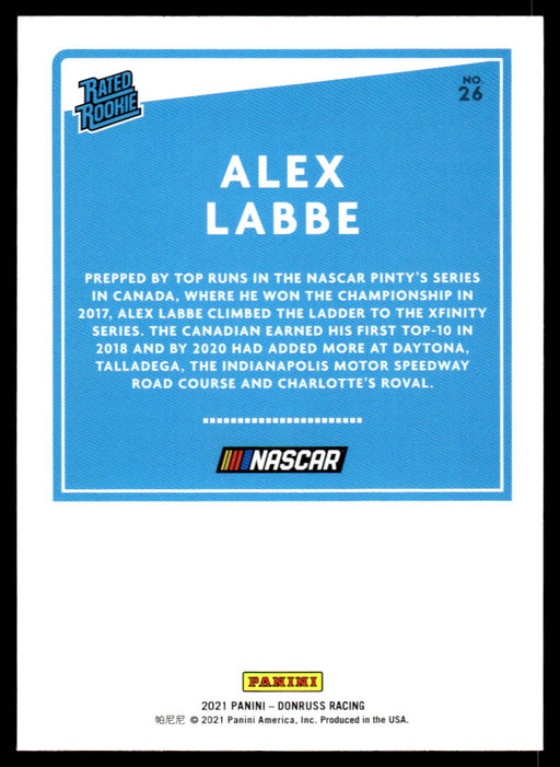 Alex Labbe 2021 Panini Donruss Racing Rated Rookie Back of Card