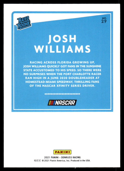 Josh Williams 2021 Panini Donruss Racing Rated Rookie Back of Card