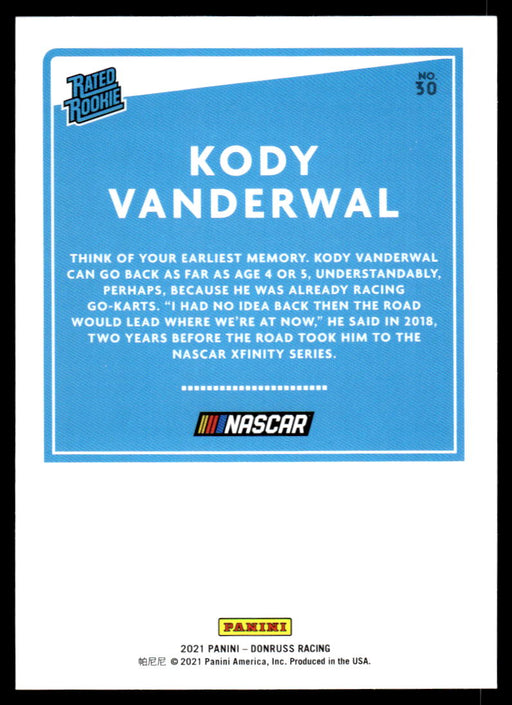 Kody Vanderwal 2021 Panini Donruss Racing Rated Rookie Back of Card